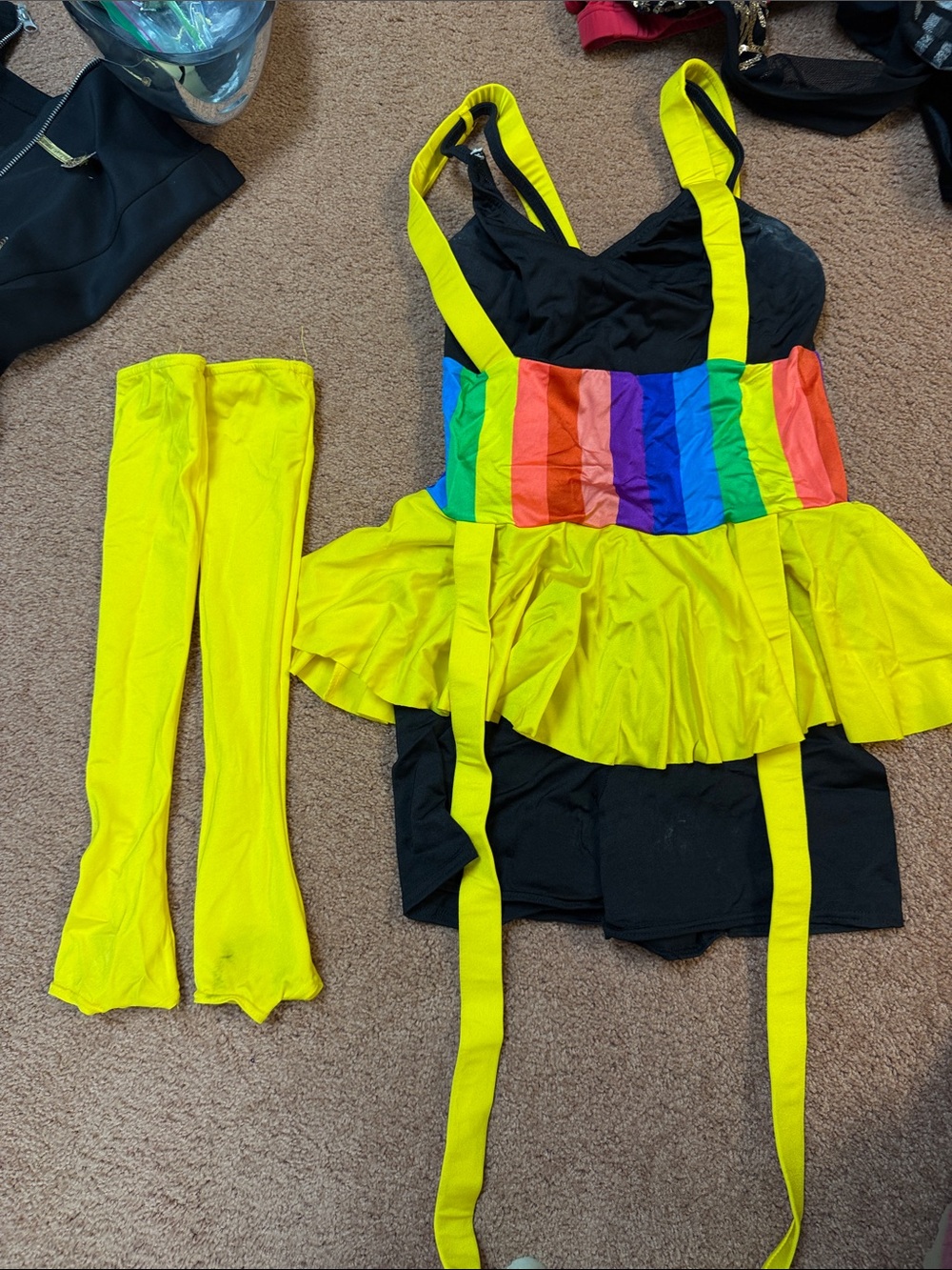Kids Rainbow-Striped Yellow Dance Costume with Yellow Leg Warmers